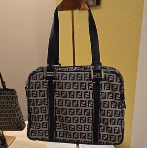 Fendi ZUCCA Navy and Gray  SATCHEL with FF Geometric Pattern